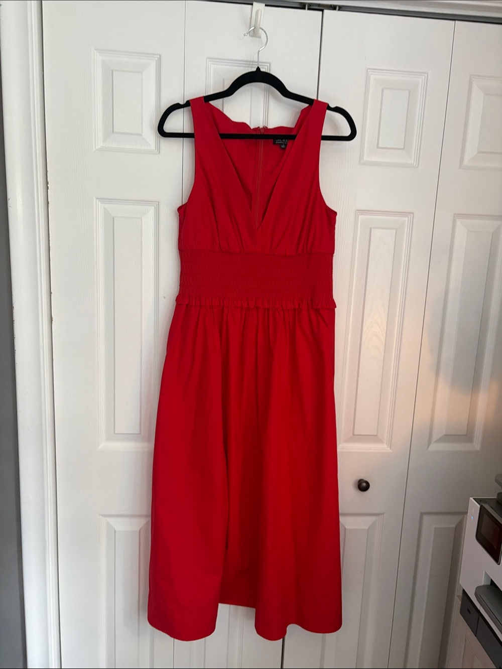 J Crew Sleeveless Red Smocked-Waist Midi Dress